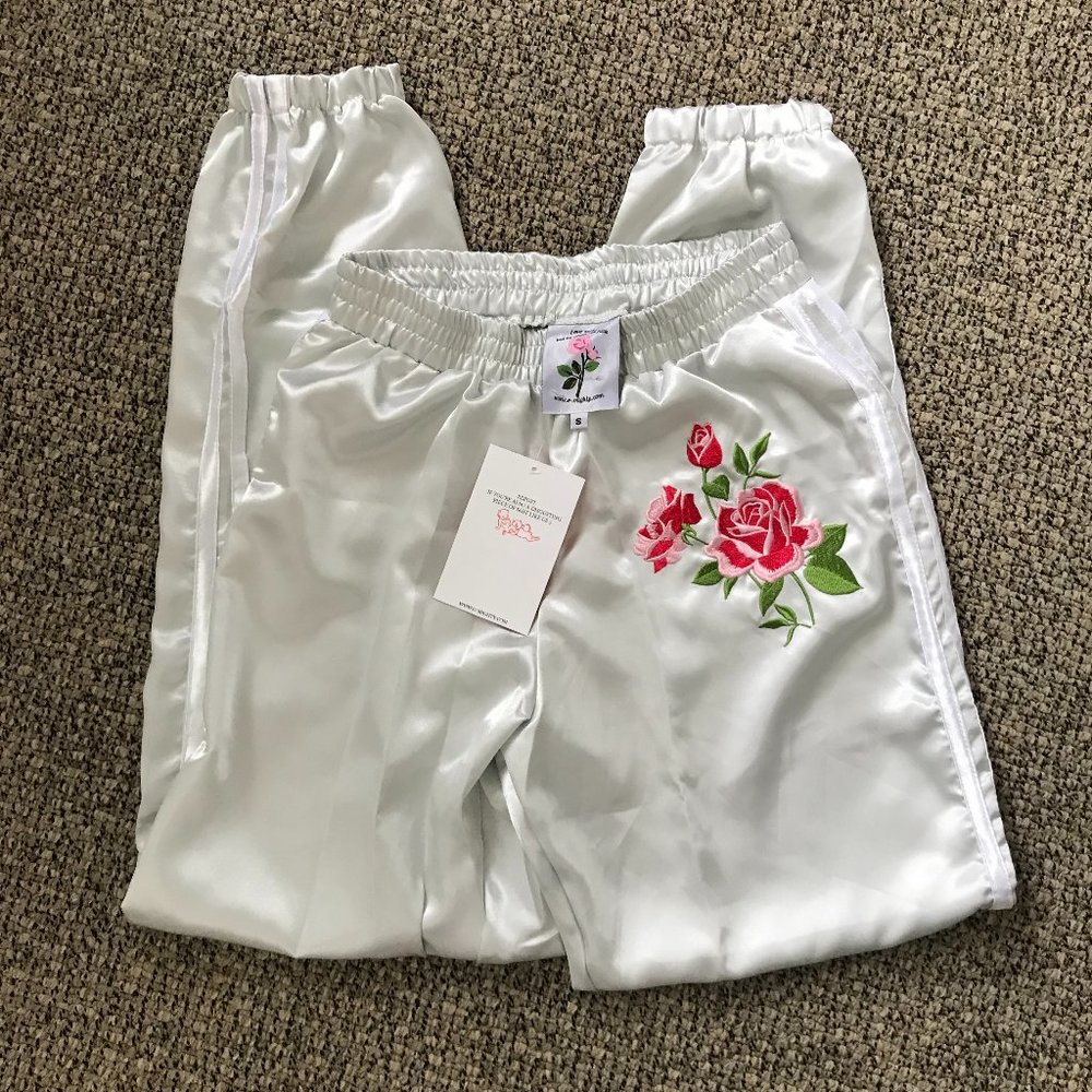 NWT Omighty 'Silk Kitten Trackiez' Satin Joggers Ice Blue Rose Embroidered Sz S